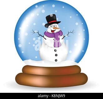 Snowglobe di natale con pupazzo di neve cartoon design, icona, simbolo per scheda. Inverno trasparente sfera di vetro con la caduta di neve. Illustrazione Vettoriale isol Illustrazione Vettoriale