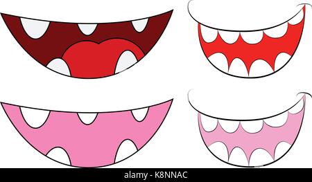 Cartoon sorriso, la bocca, le labbra con i denti e la lingua impostata. illustrazione vettoriale isolati su sfondo bianco Illustrazione Vettoriale