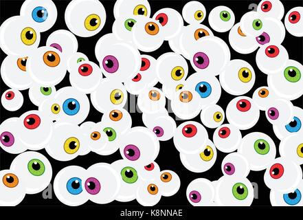 Halloween eyeball sfondo vettoriale. Coloratissimo cartoon pupillo, occhio illustrazione su sfondo nero. Illustrazione Vettoriale