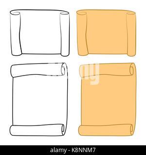Scorrimento della carta clipart, profilo impostare il vettore isolato su sfondo bianco. Vuoto, vuoto pergamena arrotolata scorrere, il vecchio foglio di carta texture. Illustrazione Vettoriale