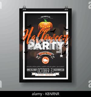 Festa di halloween illustrazione vettoriale con pumpkinm su sfondo nero. vacanze design con ragni e pipistrelli per invito alla festa, biglietto di auguri, banner, poster. Illustrazione Vettoriale