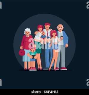 Felice grande ritratto di famiglia. La NONNA, NONNO, la madre e il padre il figlio e la figlia insieme. elementi sono stratificati separatamente. Illustrazione Vettoriale