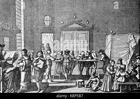 Scuola di ragazzi nel XVII secolo, Knabenschule im 17. Jahrhundert, digitale migliorata la riproduzione di una xilografia, pubblicata nel XIX secolo Foto Stock