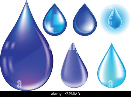 Blu vettore realistico Water drop set isolato su sfondo bianco. Illustrazione Vettoriale