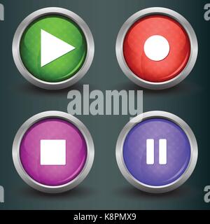 Set di isolato di vettore lucido pulsanti web. Belli i pulsanti di internet. Riprodurre o mettere in pausa, avviare la registrazione. Illustrazione Vettoriale