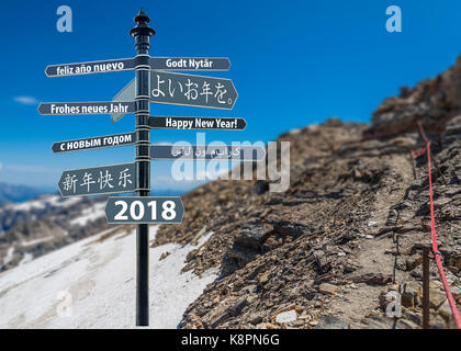 Whit signpost felice anno nuovo in molte lingue, mountain in background Foto Stock