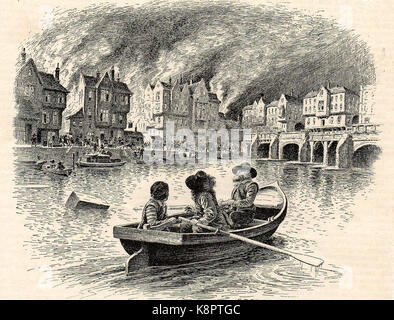 Un 1930 illustrazione del Grande Incendio di Londra (1666) dal fiume Tamigi Foto Stock