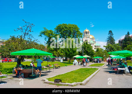 Bancarelle di souvenir, nel parco di fronte alla cattedrale Alexander Nevsky, Sofia, Bulgaria Foto Stock