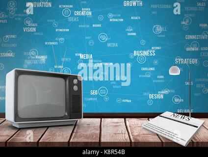 Composito digitale della televisione circondata da parole di connessioni e giornale Foto Stock