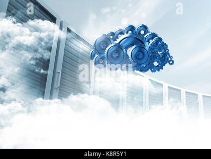 Composito Digitale 3D ingranaggi cog cloud con server in background Foto Stock