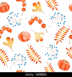 Zucche, Lanterna cinese piante e foglie in un acquerello disegnato a mano modello senza cuciture con tema autunnale Foto Stock