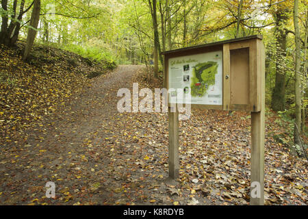 Scheda Informazioni, woodland trust site, Skipton boschi, Skipton, North Yorkshire, Inghilterra, ottobre Foto Stock