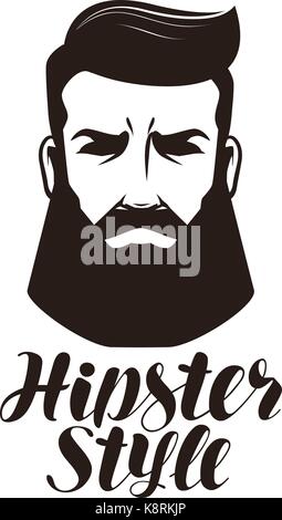 Hipster stile. ritratto di uomo barbuto, logo o etichetta. lettering illustrazione vettoriale Illustrazione Vettoriale