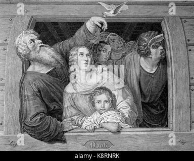 Noè und seine Familie empfängt die Taube bei ihrer Rückkehr zur Arche, Noah dando il gesto di orant come la colomba ritorna, digitale migliorata la riproduzione di una xilografia, pubblicata nel XIX secolo Foto Stock