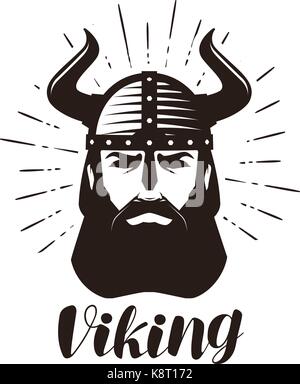 Viking logo o etichetta. ritratto di uomo barbuto nel casco con corna. illustrazione vettoriale Illustrazione Vettoriale