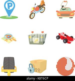 Area di parcheggio set di icone, stile cartoon Illustrazione Vettoriale