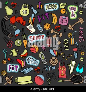 Sport disegnare a mano icona e elementi. fitness e sport icona colorata collezione, cartoon doodle sport icone. Illustrazione Vettoriale