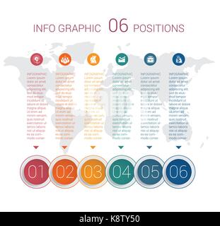 Moderno e minimale schema colorata grafica info. template vettoriale 6 posizioni contro lo sfondo della mappa del mondo. Illustrazione Vettoriale