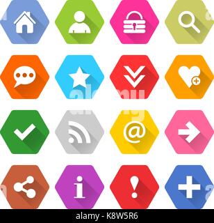 Piatto icona base 16 set esagonali arrotondati pulsante web su sfondo bianco. semplice in stile minimalista mono lunga ombra stile. illustrazione vettoriale design internet Illustrazione Vettoriale