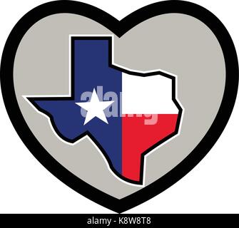 Lo stile dell'icona illustrazione del texas bandiera avvolto nella mappa di stato impostato all'interno del cuore isolato su sfondo. Illustrazione Vettoriale