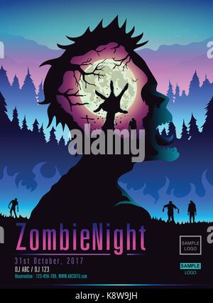 Notte di zombie modello poster in doppia esposizione di stile. Illustrazione Vettoriale