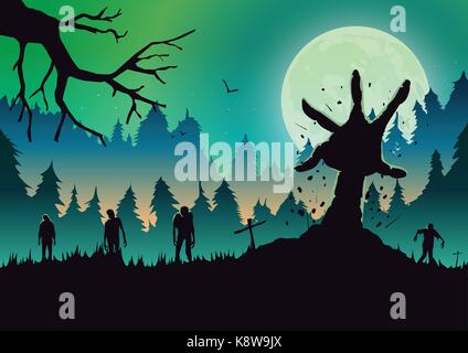 Silhouette braccio zombie fuori dal terreno in una notte di luna piena. Illustrazione Vettoriale