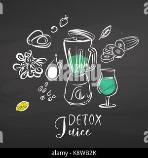 Detox ingredienti di succo di mele presenti sulla lavagna. disegnati a mano il cibo sano schizzo in bianco e nero per il disegno vettoriale sulla lavagna. Illustrazione Vettoriale