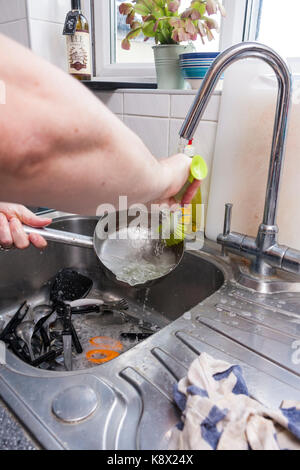 Una donna di lavaggio fino a pentola sopra un acciaio inox lavello da cucina con una spazzola Foto Stock