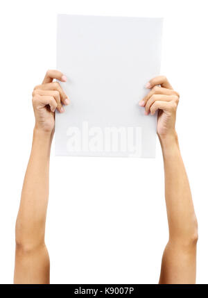 Mani4 bianco Dimensioni carta bianca card, isolato su sfondo semplice. Foto Stock