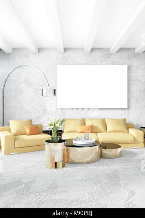 Camera da letto moderno divano giallo di lusso stile minimal interior design loft con parete eclettico. Il rendering 3d. Foto Stock
