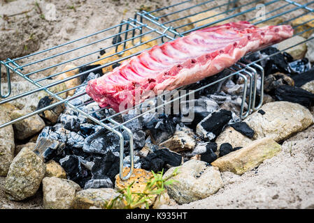 Rendendo costolette di maiale su fatti in casa barbecue improvvisato un barbecue. rendendo il churrasco su un carbone, incendio, bricchetti barbecue nella sabbia con pietre e sassi o Foto Stock