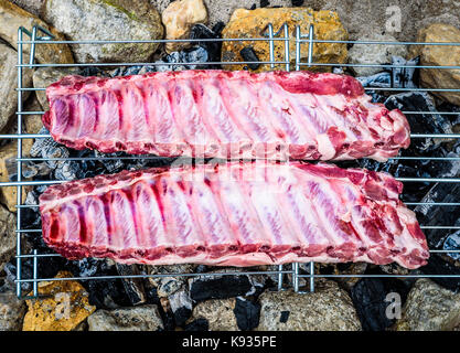 Rendendo costolette di maiale su fatti in casa barbecue improvvisato un barbecue. rendendo il churrasco su un carbone, incendio, bricchetti barbecue nella sabbia con pietre e sassi o Foto Stock
