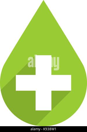 Primo soccorso goccia cartello verde con la croce e piatta lunga ombra stile. illustrazione vettoriale di un elemento grafico per la progettazione Illustrazione Vettoriale