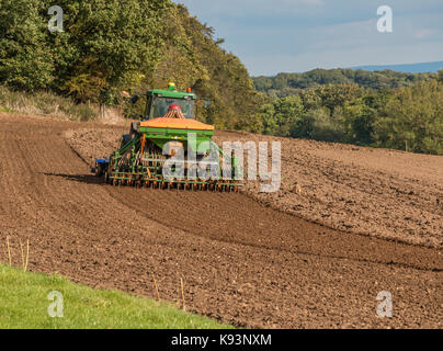 Il Regno Unito, la coltivazione di sementi di grano la perforazione a Foxberry Farm, Caldwell, North Yorkshire Settembre 2017 Foto Stock