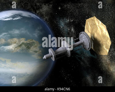 Veicolo spaziale con vela solare nei pressi di un pianeta Foto Stock