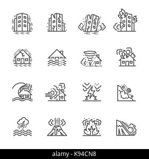Disastro naturale, illustrazione di vettore di linea sottile le icone per la catastrofe naturale contiene tali icone come la terra quake, inondazioni, tsunami e altri Illustrazione Vettoriale
