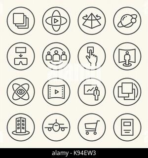 Linea arrotondata di icone per realtà virtuale delle tecnologie dell'innovazione. usi di realtà virtuale. Illustrazione Vettoriale