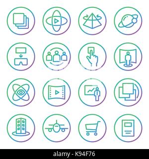 Gradiente della linea arrotondata di icone per realtà virtuale delle tecnologie dell'innovazione. usi di realtà virtuale su sfondo bianco. Illustrazione Vettoriale