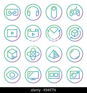 Gradiente della linea arrotondata di icone per realtà virtuale delle tecnologie dell'innovazione. usi di realtà virtuale su sfondo bianco. Illustrazione Vettoriale