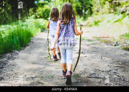 Bambini - due gemelle sono le escursioni in montagna. Famiglia attiva, genitori e figli alpinismo nella natura. I bambini sono a piedi nei boschi con wa Foto Stock