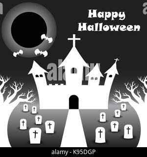 Vector felice notte di halloween illustrazione del bianco castello curvi sotto il nero luna piena con i pipistrelli tra cimitero con molte lapidi. Illustrazione Vettoriale