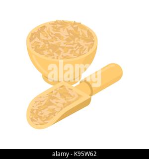 Oat nel recipiente di legno e cucchiaio. semole in piatto di legno e pala. grano su sfondo bianco. illustrazione vettoriale Illustrazione Vettoriale