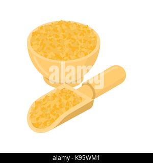 Bulgur in ciotola di legno e cucchiaio. semole in piatto di legno e pala. grano su sfondo bianco. illustrazione vettoriale Illustrazione Vettoriale