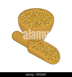 Bulgur in ciotola di legno e cucchiaio. semole in piatto di legno e pala. grano su sfondo bianco. illustrazione vettoriale Illustrazione Vettoriale