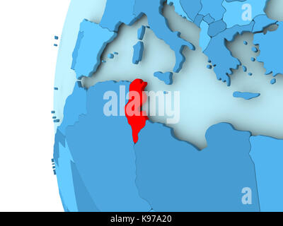3D render della Tunisia in rosso sul blu globo politico. 3d'illustrazione. Foto Stock