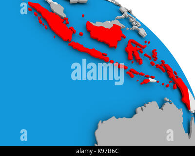 Illustrazione di indonesia evidenziata in rosso sul globo terrestre. 3d'illustrazione. Foto Stock