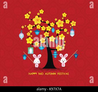 Metà autunno festival rabbit gioca con lanterne. Felice biglietto di auguri Illustrazione Vettoriale