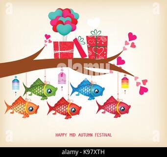 Metà autunno giorno del festival biglietto di auguri con doni e lanterne Illustrazione Vettoriale