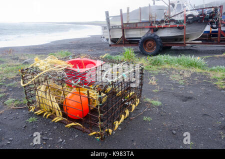 Gamberi di fiume pot sulla spiaggia, Ngawi, Cape Palliser, Wairarapa, Isola del nord, Nuova Zelanda Foto Stock