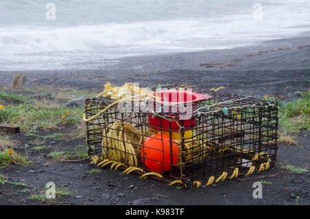 Gamberi di fiume pot sulla spiaggia, Ngawi, Cape Palliser, Wairarapa, Isola del nord, Nuova Zelanda Foto Stock